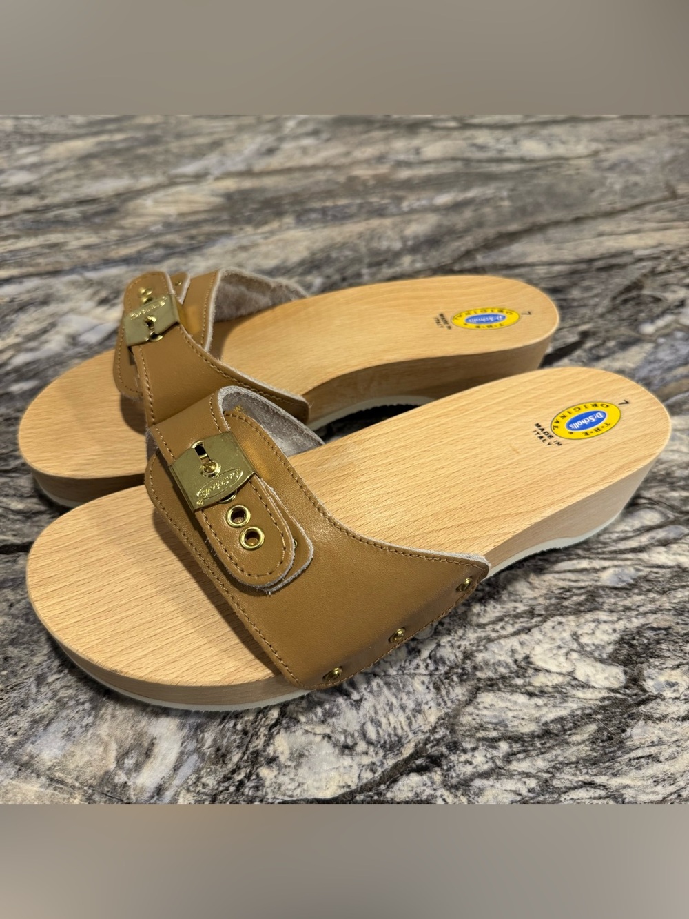 Dr Scholls Original Wooden Exercise Sandal Tan Leather Made in Italy Women's 7 M